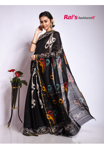 Batik Printed Pure Chanderi Silk Saree With Highlighted One Inch Golden Zari Border (KR24)